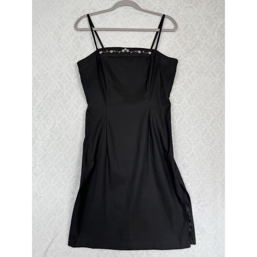 Vtg Y2K Mini Dress 11 Medium Black Embroidery Rose Sexy Grunge Dark Romantic 90s